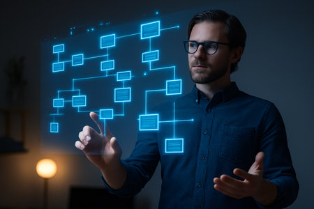 Businessman pressing virtual buttons on a virtual screen. Technology concept.の素材