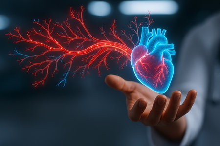 Human heart on a virtual screen held by a man in the backgroundの素材
