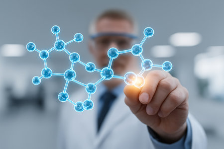 close up of a scientist in lab coat working with a virtual networkの素材