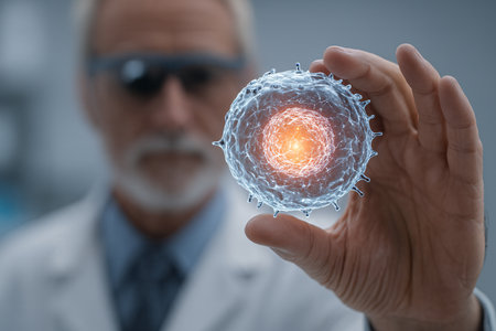 Scientist working with a glowing virus hologram. 3D Renderingの素材