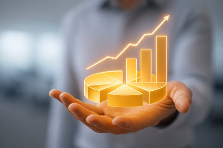 businessman hand with financial symbols coming from screen (business concept)の素材