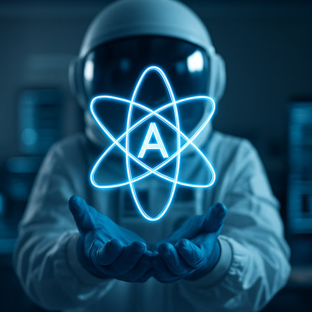 Science fiction image of a scientist holding a glowing atom in his handsの素材