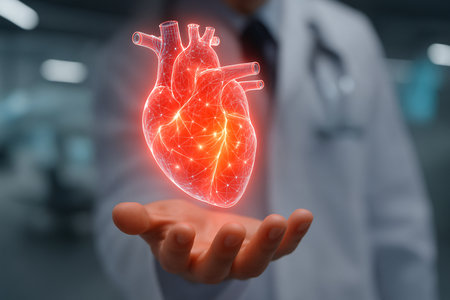 View of a Doctor holding a heart icon with a futuristic interface - 3d renderingの素材