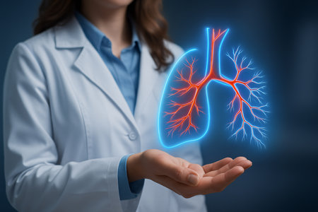 Female doctor holding lungs on blue background. Healthcare and medical concept.の素材