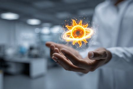 Close up of female scientist holding glowing atom in palm. Science conceptの素材