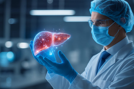 scientist in laboratory with human liver on blue background. medical conceptの素材