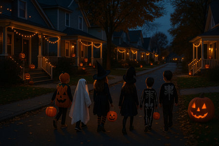 Children in halloween costumes with jack o lanterns at nightの素材