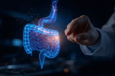 Human digestive system hologram over dark background. Medicine and healthcare concept. 3D Renderingの素材
