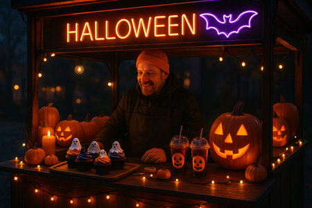 Halloween. Young man in a hat and apron sitting at the counter with sweets and drinks.の素材