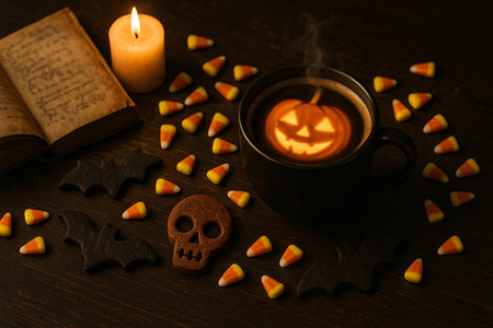 Cup of coffee and candies on wooden table, Halloween conceptの素材