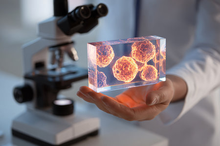 Female scientist holding cube with DNA molecule structure in laboratory, closeupの素材
