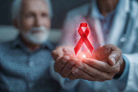 Senior man holding a red ribbon in his hands. Healthcare and medicine concept.の素材