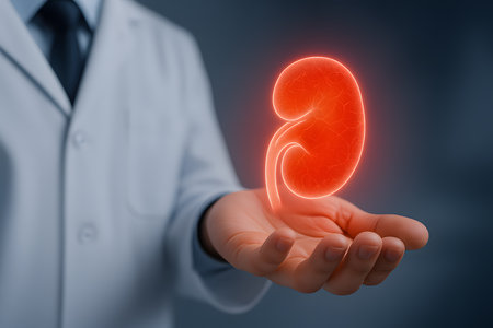 Male doctor holding a human kidney in his hand. 3D renderingの素材