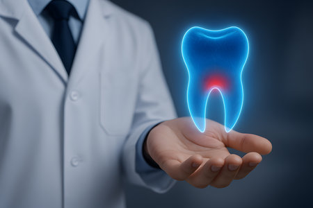Dentist holding a tooth in his hand, 3D renderingの素材