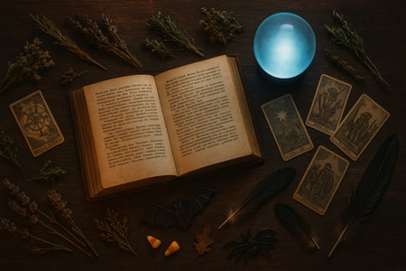 Vintage magic book with candles, tarot cards on wooden backgroundの素材