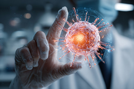 Close up of doctor hand holding glowing virus cell. 3D renderingの素材