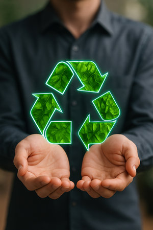 Recycling symbol in the hands of a man in the backgroundの素材