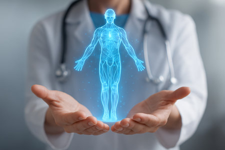 Female doctor holding hologram of human body with stethoscope. 3D renderingの素材
