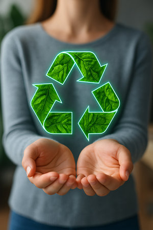 Woman holding green eco sign in her hands. Recycling conceptの素材