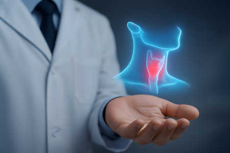 Male doctor hand holding human knee with highlighted pain area on blue backgroundの素材