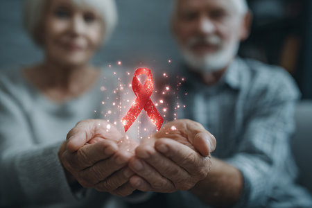 Hands of senior couple holding red ribbon. Breast cancer awareness conceptの素材