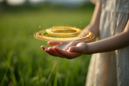 Young woman holding magical spiral in her hands on green grass background.の素材
