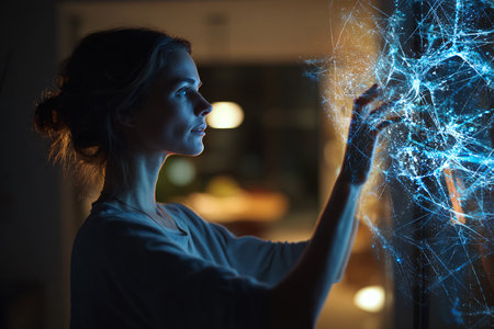 Young woman looking at hologram screen in dark room. Future technology conceptの素材