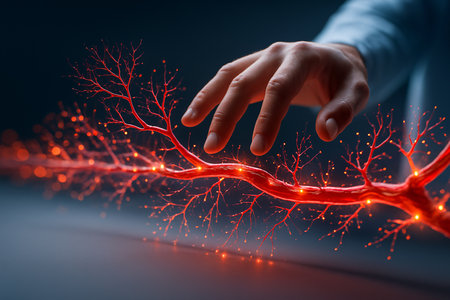 Close up of human hand with blood vessels on dark background. 3D renderingの素材