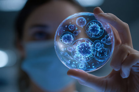 Woman in protective mask holding virus cells in her hand. 3D renderingの素材
