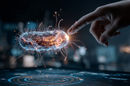 Digital image of human hand touching virus cell against dark background 3D renderingの素材