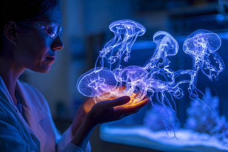 Female scientist looking at glowing blue jellyfish in laboratory. Future technology conceptの素材