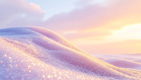 Winter landscape with snowdrift and sunset. 3d illustration.の素材