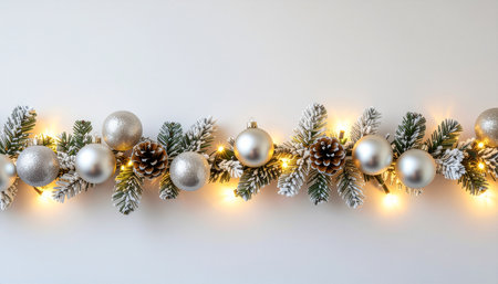 Christmas or New Year background with silver balls, pine cones and garland lightsの素材