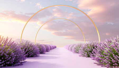 Lavender field in the sunset. 3d render of lavender flowersの素材