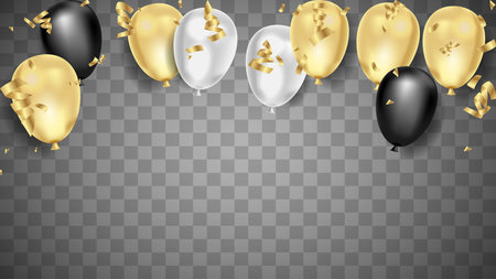 Realistic black and gold balloons with ribbons and confetti. Vector illustration.のイラスト素材