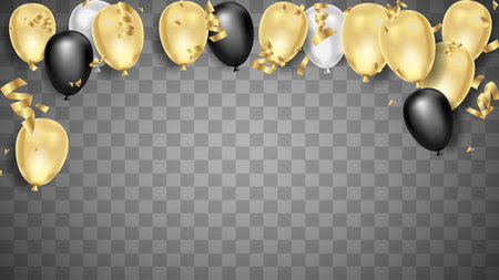 Black and white balloons with ribbons on transparent background. Vector illustration.のイラスト素材