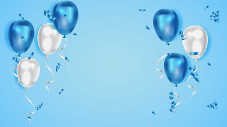 Blue and white balloons with ribbons and confetti on blue backgroundのイラスト素材
