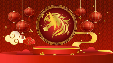 chinese new year red and gold podiumのイラスト素材