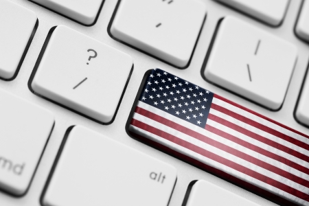 American flag on computer keyの写真素材