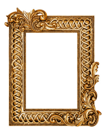 Golden antique frame isolated on whiteの写真素材