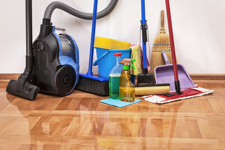 House cleaning -Cleaning accessories on floor room
