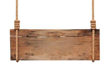 Wooden sign hanging on a rope on white backgroundの写真素材
