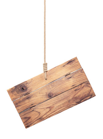 Wooden sign hanging on a rope on white backgroundの写真素材
