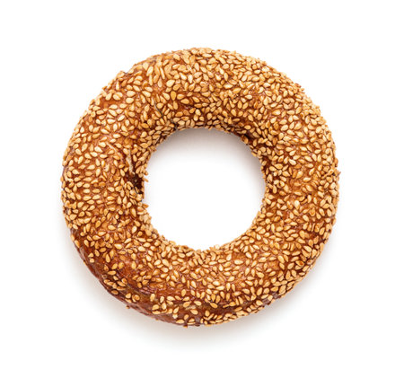 Turkish Bagel -Delicious fresh bagel with sesame seeds on white backgroundの写真素材