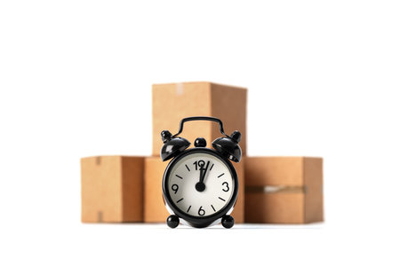 Black alarm clock and cardboard boxes on white background -Concept fast shipping, storage time in the warehouse, delayed deliveryの写真素材