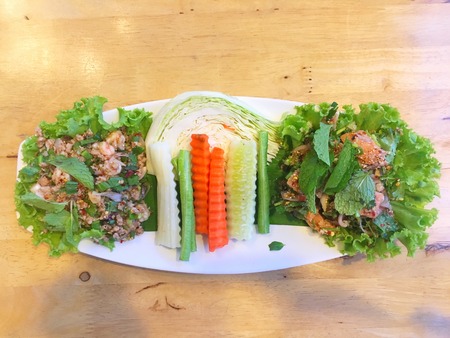 Spicy minced pork on the diskの写真素材