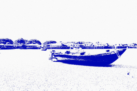 Fishing house on the beach in thailand  with blue pen designの写真素材