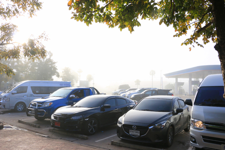 Oil station in Loei city -Thailand : Thai tourist  parking the car after driving from banglok to loei city 600 km On 29 Dec 2017 ,07.00 am.のeditorial素材