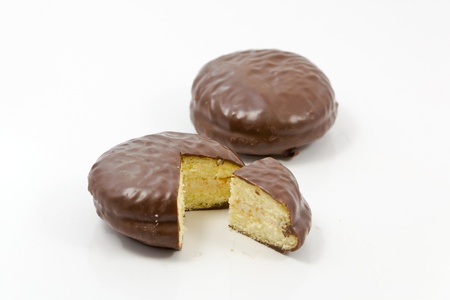 chocolate pie with white cream center on  white background の写真素材