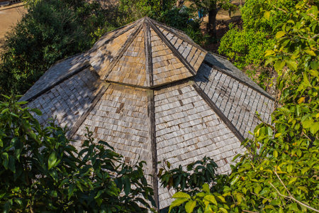 Pitched wooden roof from above.の写真素材